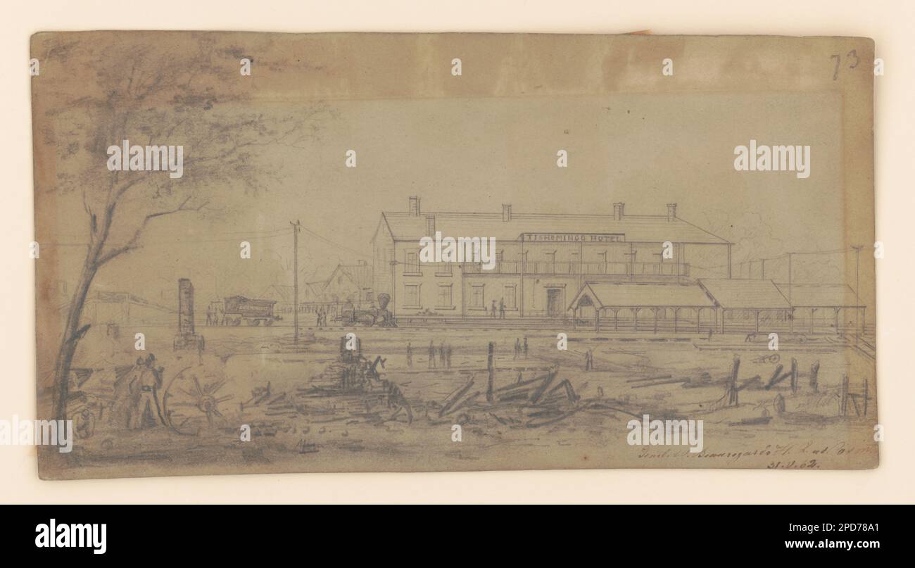 Le quartier général du général Pierre Gustave Toutant Beauregard, Corinthe, Mississippi, 31 mai 1862. Fait partie de la Collection de guerre civile américaine Adolph Metzner à la Bibliothèque du Congrès, Purchase; E. Burns Apfeld; 2014; (DLC/PP-2014:188), Sang versé dans cette guerre : illustrations de la guerre civile par le capitaine Adolph Metzner, 32nd Indiana / Michael A. Peake. Indianapolis : Indiana Historical Society Press, 2010, p. 23. Beauregard, G. T, (Gustave Toutant), 1818-1893, Service militaire, Quartier général de l'armée, Mississippi, Corinth, 1860-1870, Hôtels, Mississippi, Corinth, 1860-1870, gares ferroviaires, Mississippi Banque D'Images