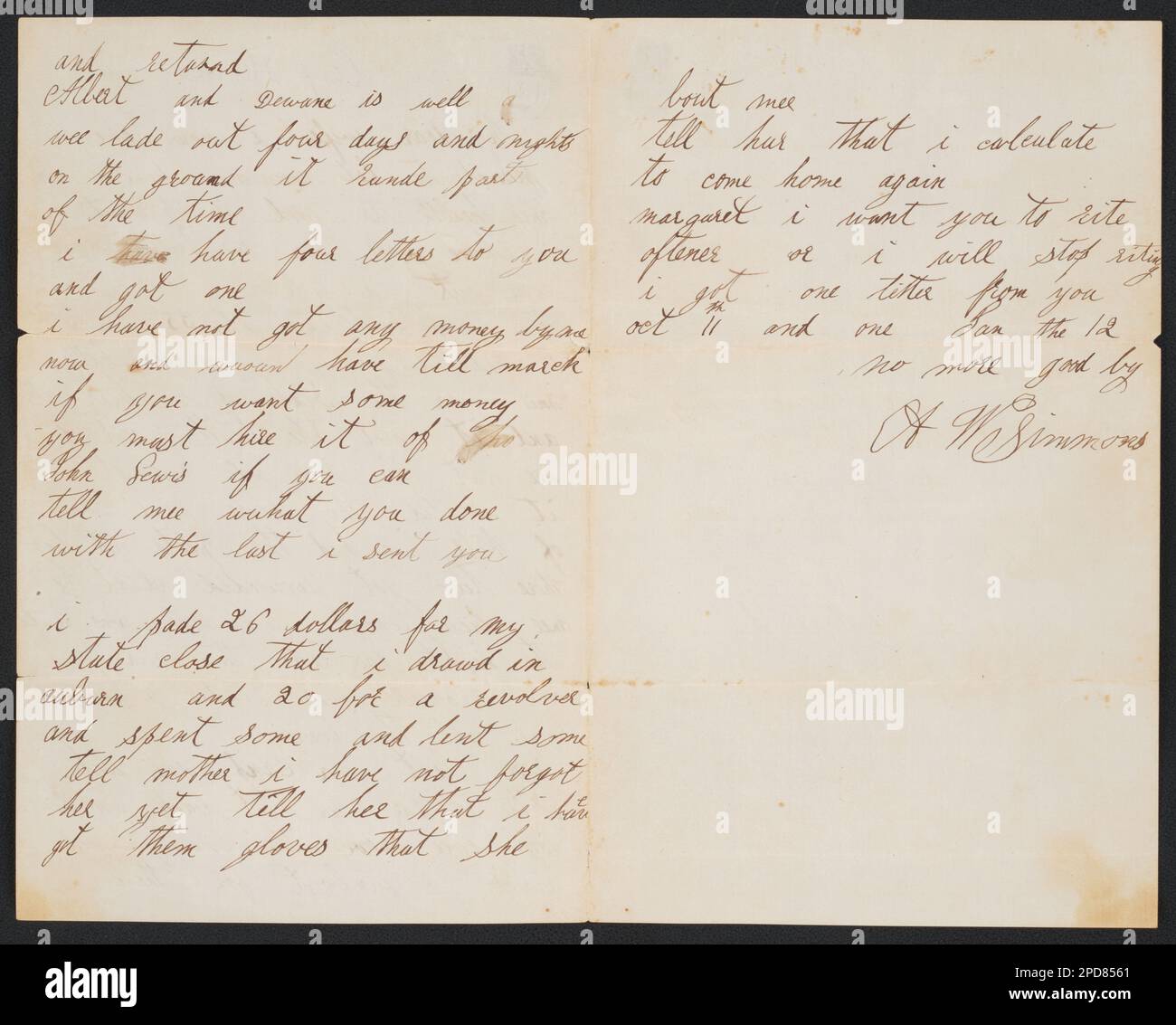 Lettre de Saddler Albert Walker Simmons of Co H, 75th New York Infantry Regiment à son épouse, Margaret. Liljenquist Family Collection of civil War Photographs , pp/liljmem. Simmons, Albert Walker, 1827-1901, objets associés, Simmons, Margaret Sinclair, 1831-1924, objets associés, États-Unis, Army, New York Infantry Regiment, 75th (1861-1865), People, Soldiers, Union, 1860-1870, États-Unis, Histoire, Guerre civile, 1861-1865, Aspects sociaux, Union. Banque D'Images