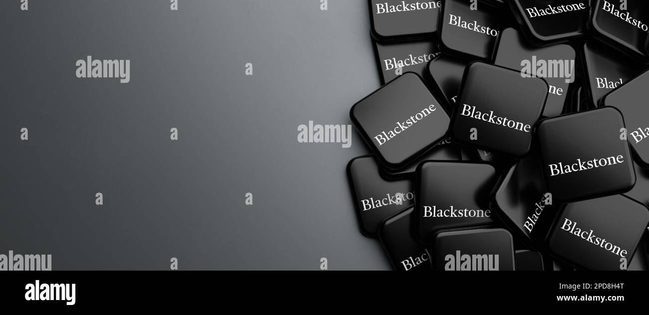 Logos de la société d'investissement Blackstone sur un tas sur une table. Copier l'espace. Format de bannière Web.format de bannière eb. Banque D'Images