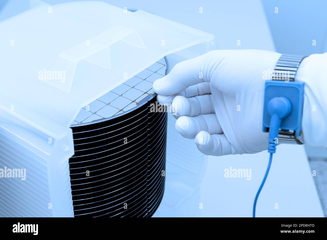 Lot de plaquettes de silicium conditionnées dans une boîte de stockage en plastique dans la salle blanche d'une fonderie de semi-conducteurs prête pour la production de micropuces. Banque D'Images
