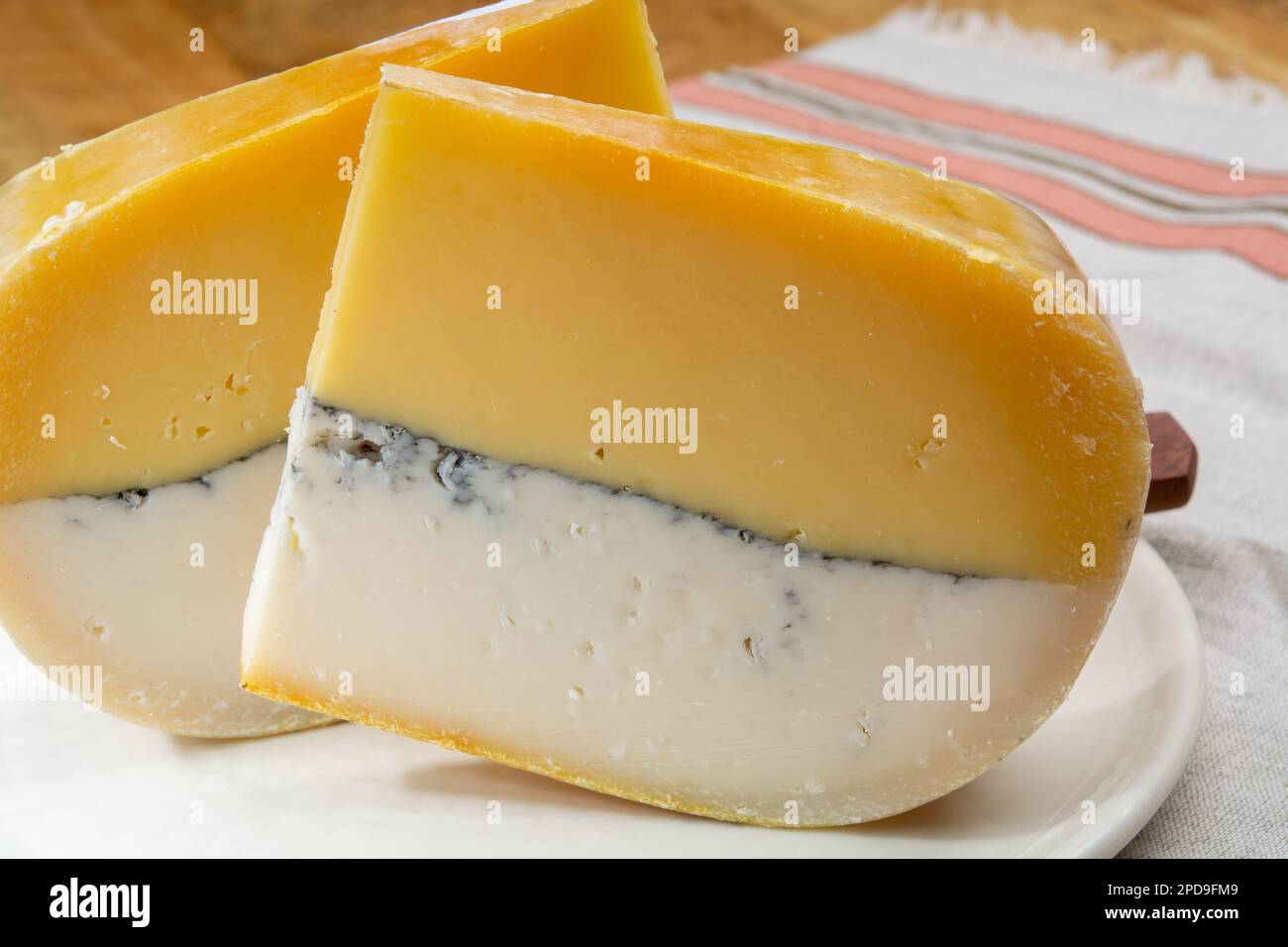 Double fromage hollandais coloré, fromage dur à base de lait de vache et de chèvre avec couche de moule noir à l'intérieur, gros plan Banque D'Images