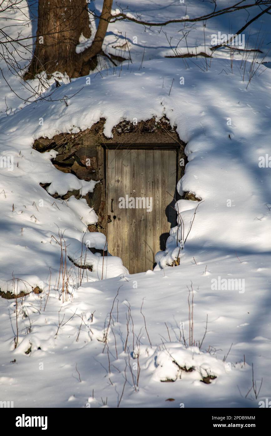 Cave à racines enneigée ou cave à terre dans le district de Vähä-Meilahti à Helsinki, en Finlande Banque D'Images