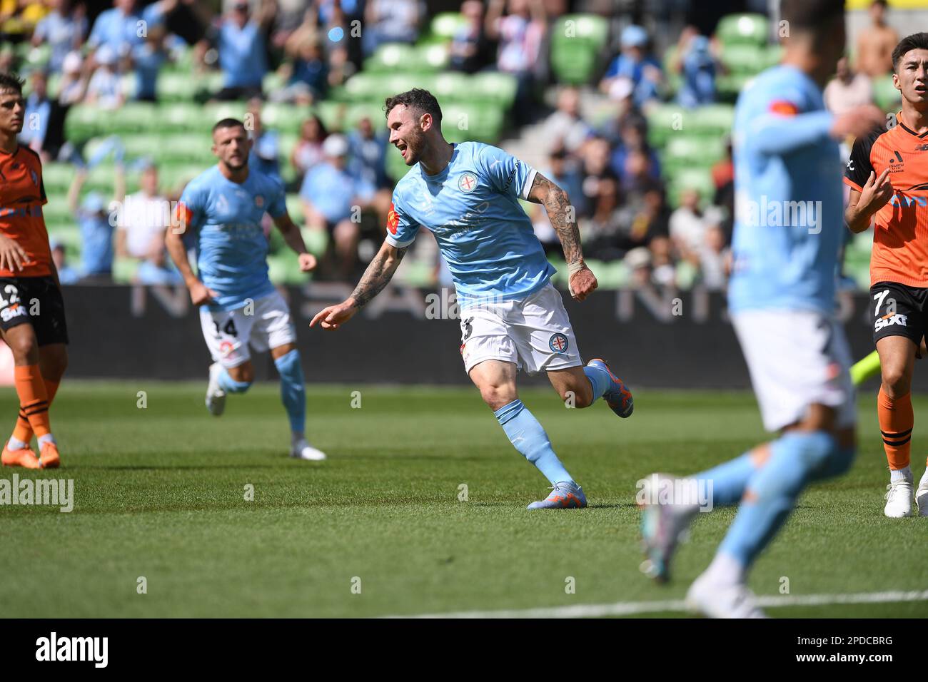 MELBOURNE, AUSTRALIE. 12 mars 2023. Melbourne City / Brisbane Roar. Aiden O'Neill a marqué deux fois contre le rugissement de Brisbane lors de leur affrontement à Melbourne Banque D'Images