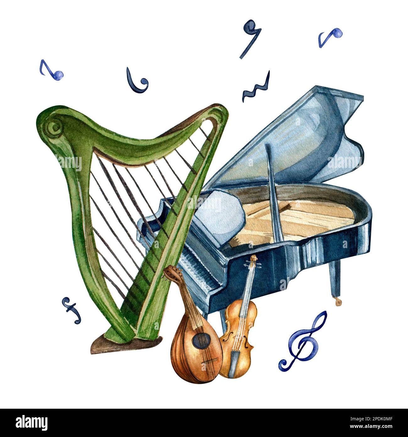 Harpe, violon, piano à queue et aquarelle de mandoline isolée. Jeu  d'instruments de musique à cordes, notes dessinées à la main. Elément de  conception pour fl Photo Stock - Alamy