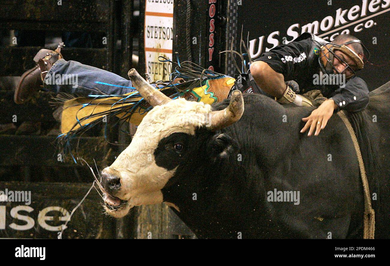 Bull rider Ednei Caminhas, of Brazil, competes during the second day of the Professional Bull Riders World Finals in Las Vegas on Saturday, Oct. 29, 2005. Caminhas was unable to stay on for the eight seconds, and received no score. (AP Photo/Jae C. Hong) Banque D'Images