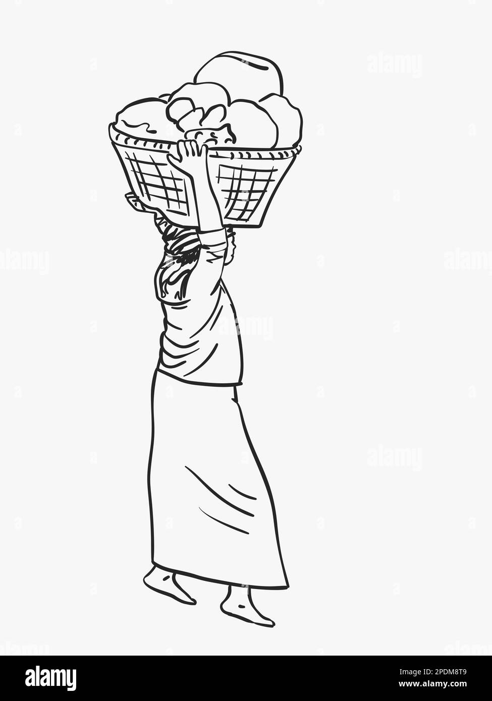 La femme birmane de Longyi porte un grand panier sur sa tête, un croquis vectoriel, une illustration linéaire dessinée à la main Illustration de Vecteur