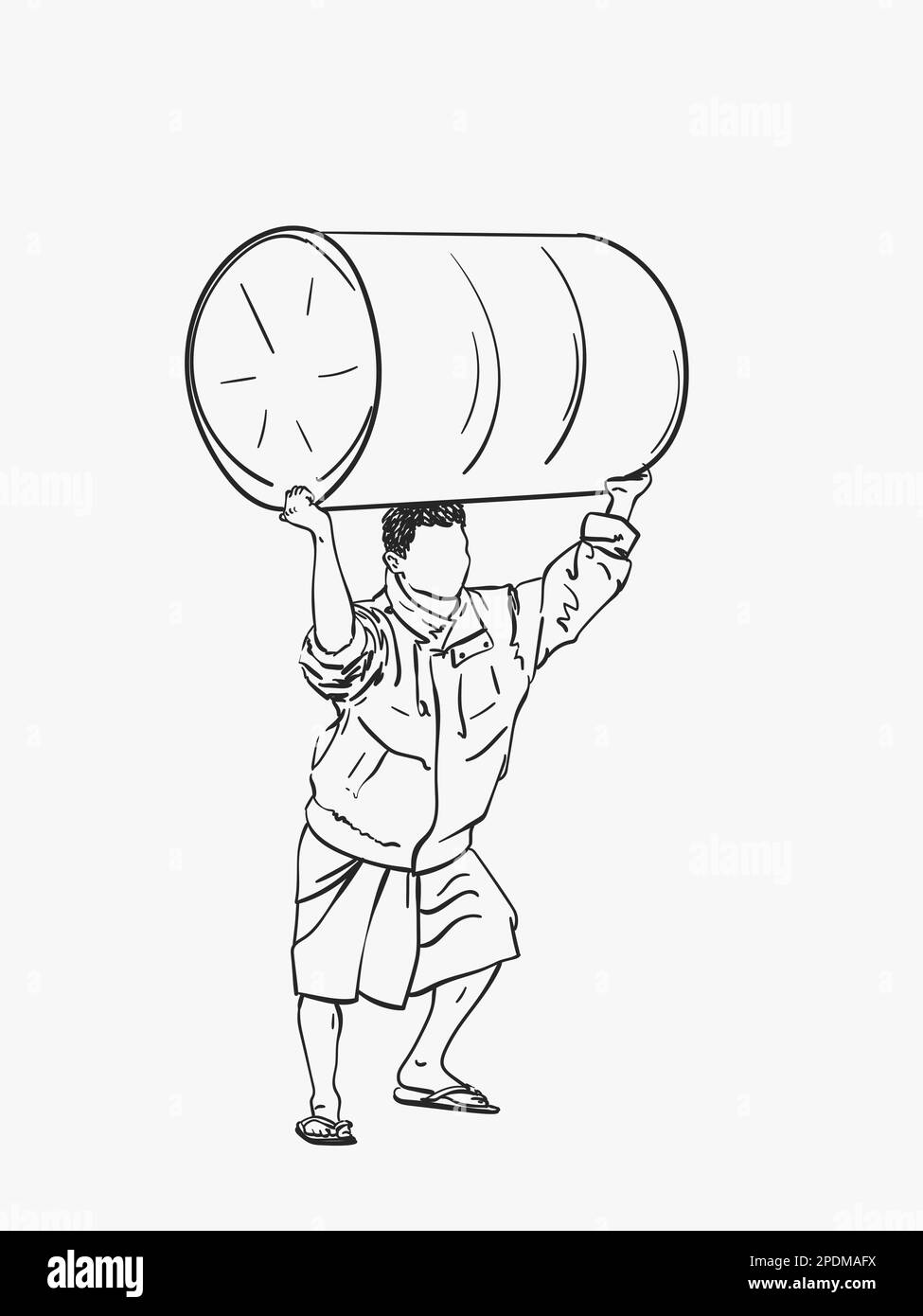 Homme sans visage en birman longyi, veste et flifflop porte le gros canon sur sa tête, esquisse Vector, dessin linéaire dessiné à la main Illustration de Vecteur