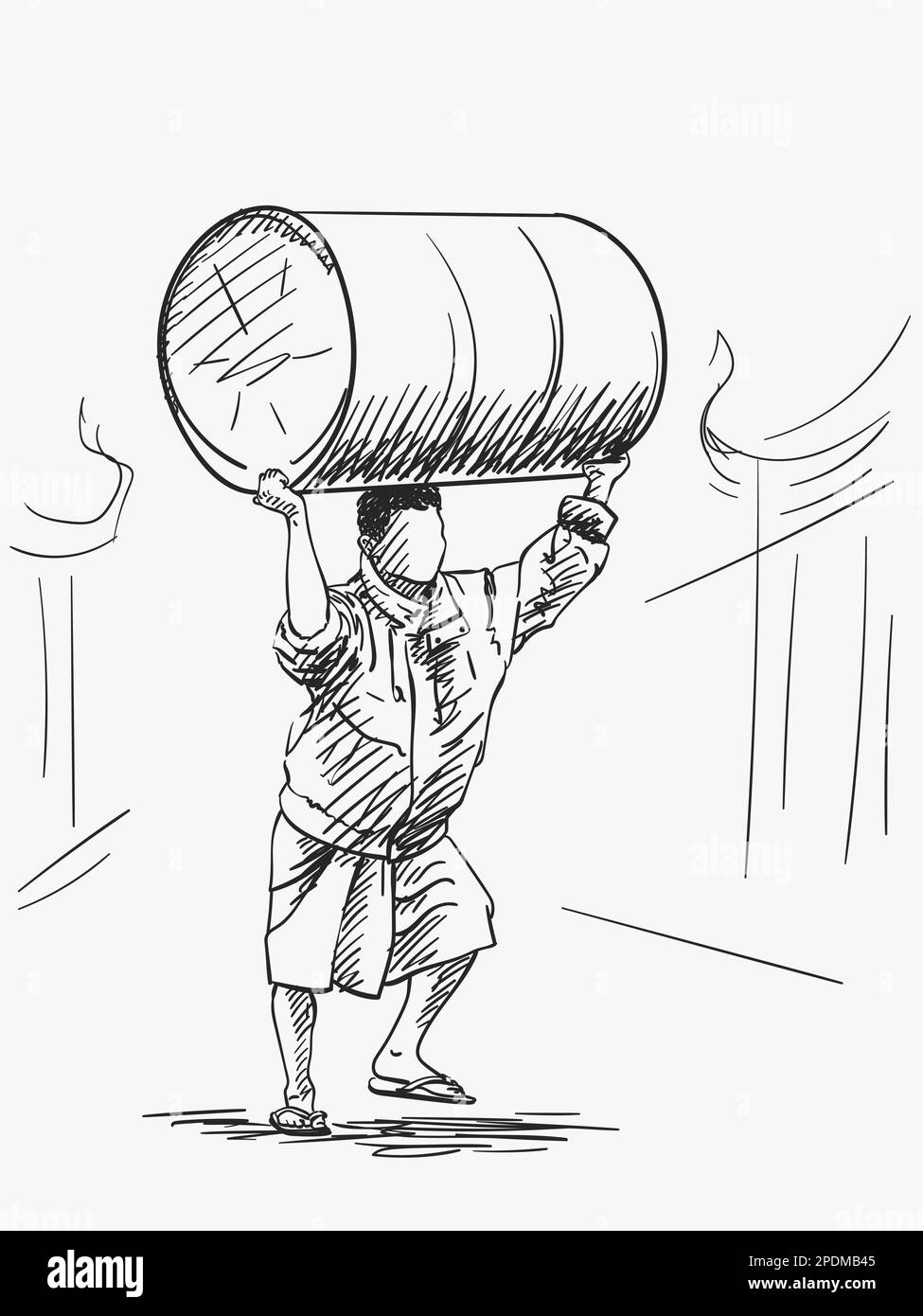 Homme sans visage en birman longyi, veste et flifflop porte le gros canon sur sa tête, esquisse Vector, illustration dessinée à la main Illustration de Vecteur