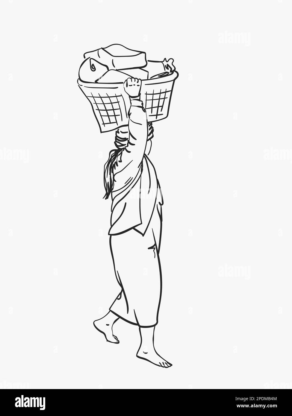 La femme birmane de Longyi porte un grand panier sur sa tête, un croquis vectoriel, une illustration linéaire dessinée à la main Illustration de Vecteur