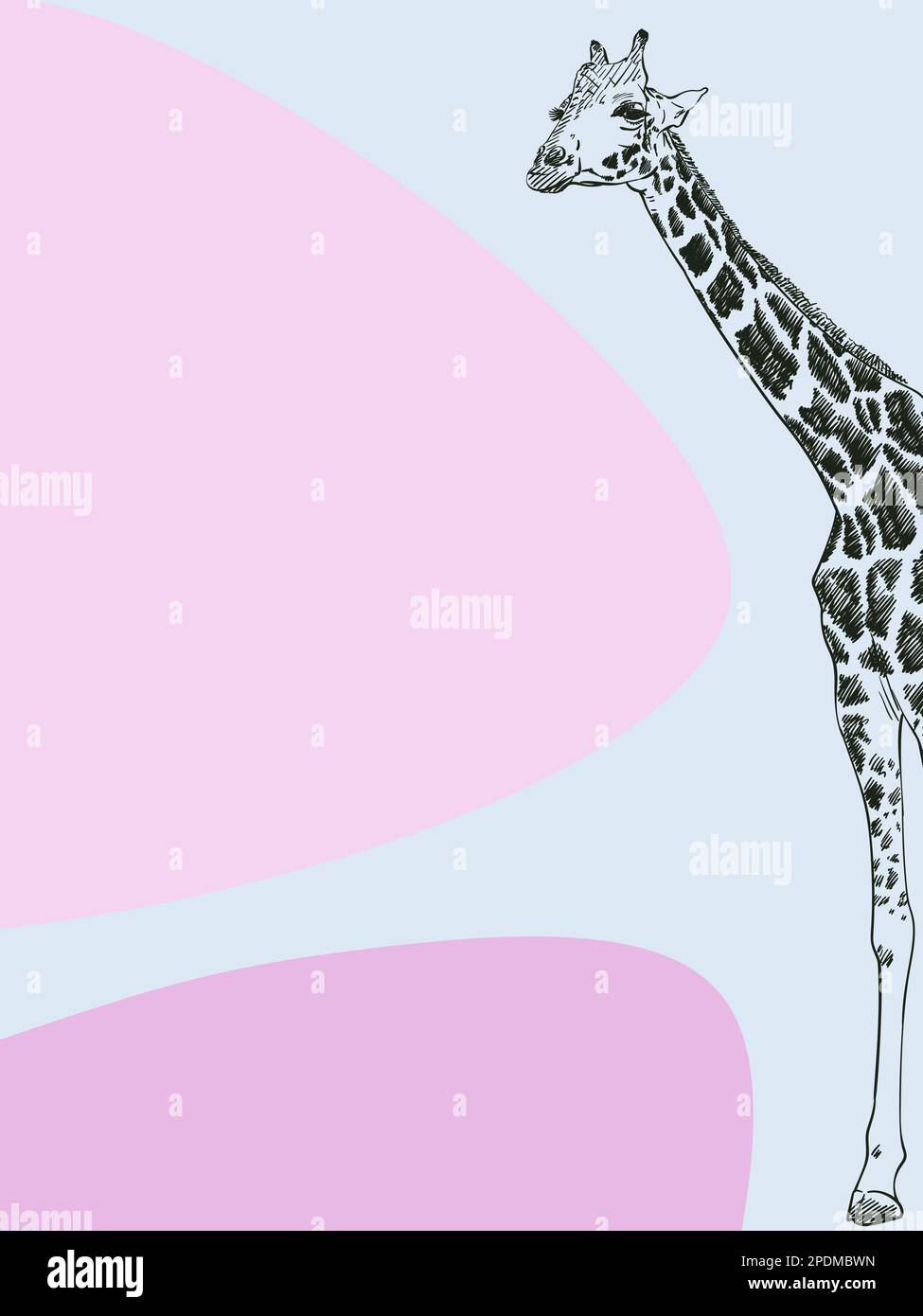 Bannière minimaliste avec croquis girafe et formes abstraites épurées, illustration vectorielle dessinée à la main Illustration de Vecteur