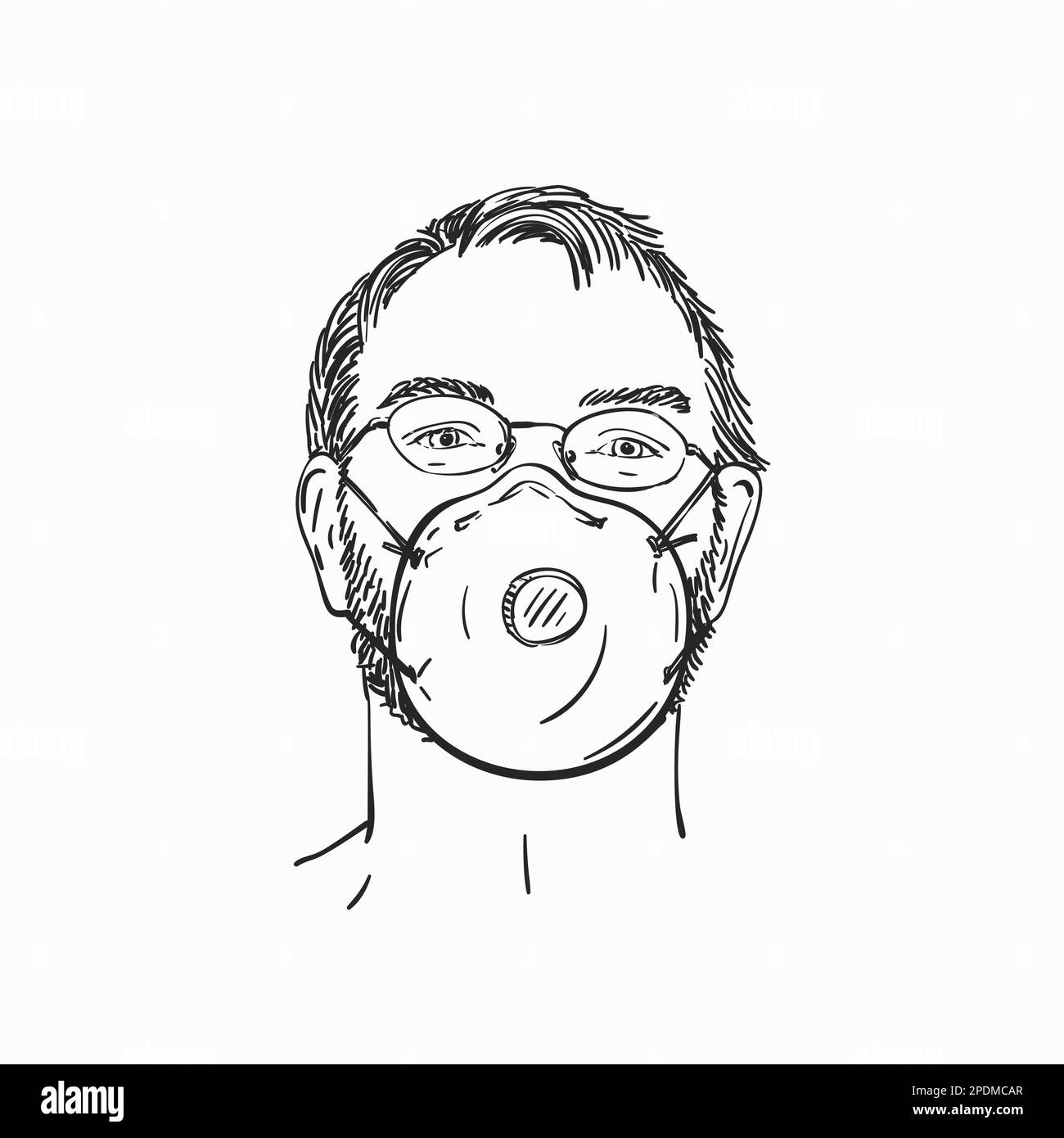 Homme portant un masque médical et des lunettes, portrait linéaire dessiné à la main, croquis vectoriel Illustration de Vecteur