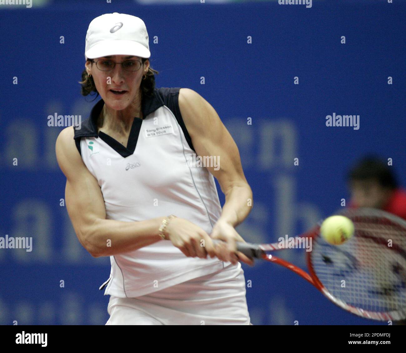 Virginie Razzano from France returns the ball to Sybille Bammer from Austria during the 1st round match at the WTA Generalie ladies in Linz on Tuesday, Oct. 25, 2005. (AP Photo/rubra-RUDI BRANDSTAETTER) Banque D'Images