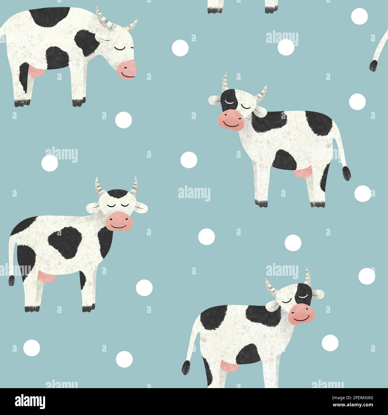 Joli motif vache à lait sans coutures. Animaux de ferme noirs et blancs texturés dessinés à la main et points sur fond bleu. Vêtements pour enfants sur toute la surface Banque D'Images