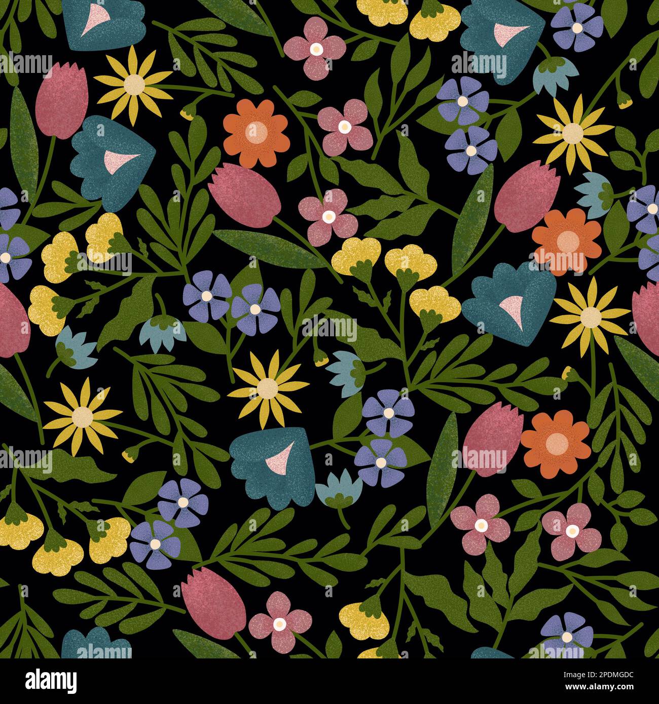 Joli motif fleuri sans couture. Printemps fleurs sauvages colorées et feuilles sur fond noir Banque D'Images