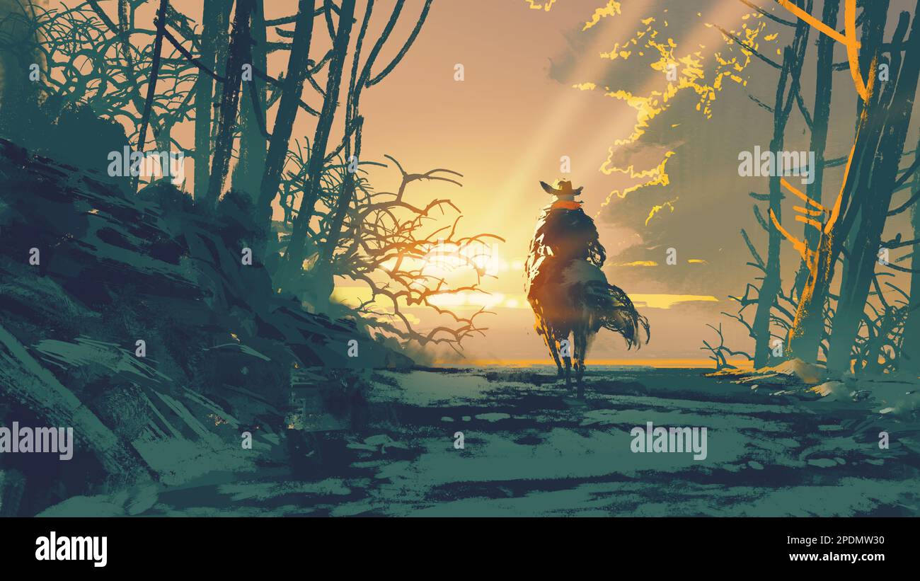 homme à cheval et courant à travers les collines au soleil du matin., style d'art numérique, peinture d'illustration Banque D'Images