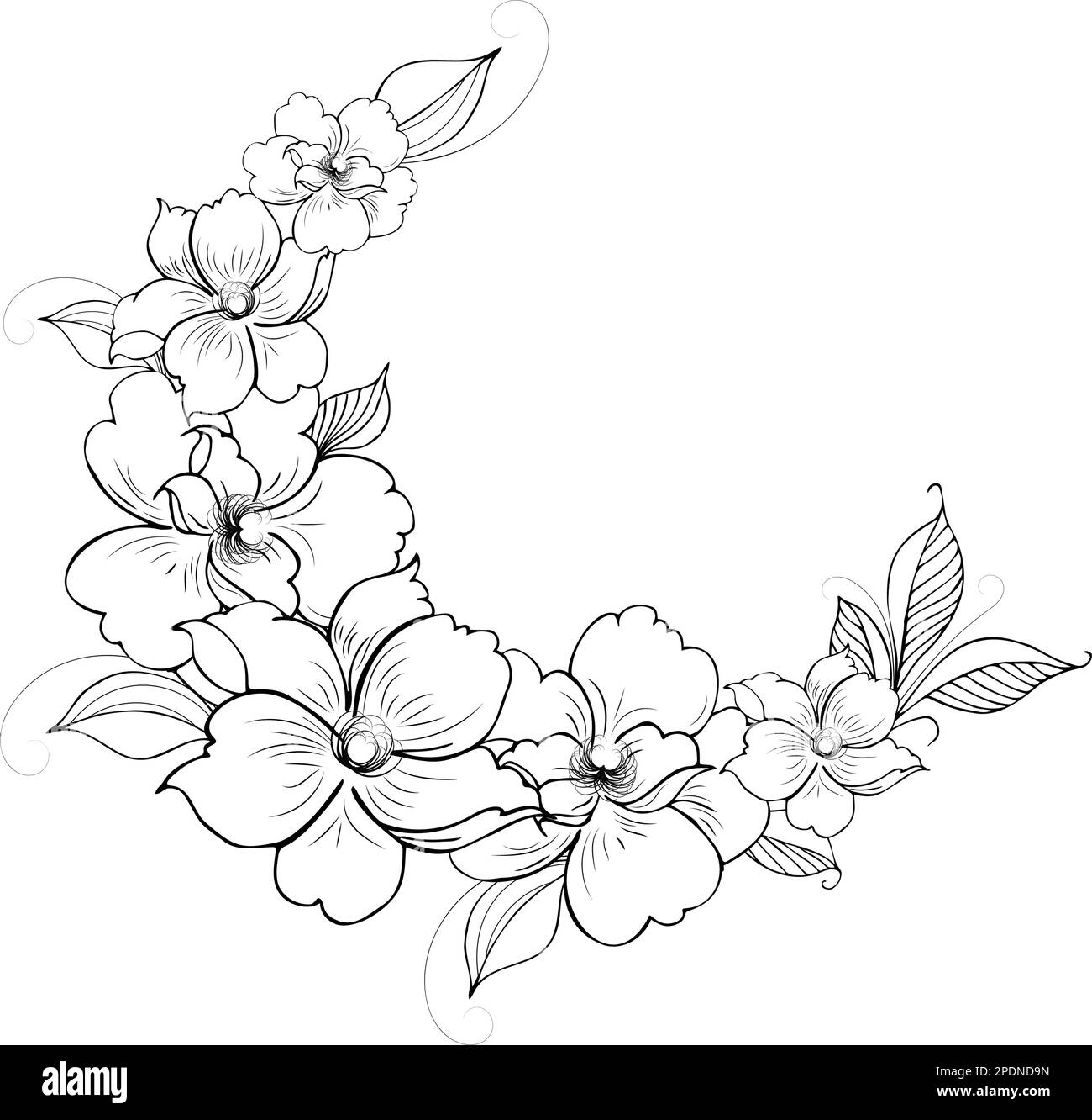 Une belle branche en fleurs, richement décorée avec des fleurs, des bourgeons et des feuilles. Dessin à la main. Illustration de Vecteur