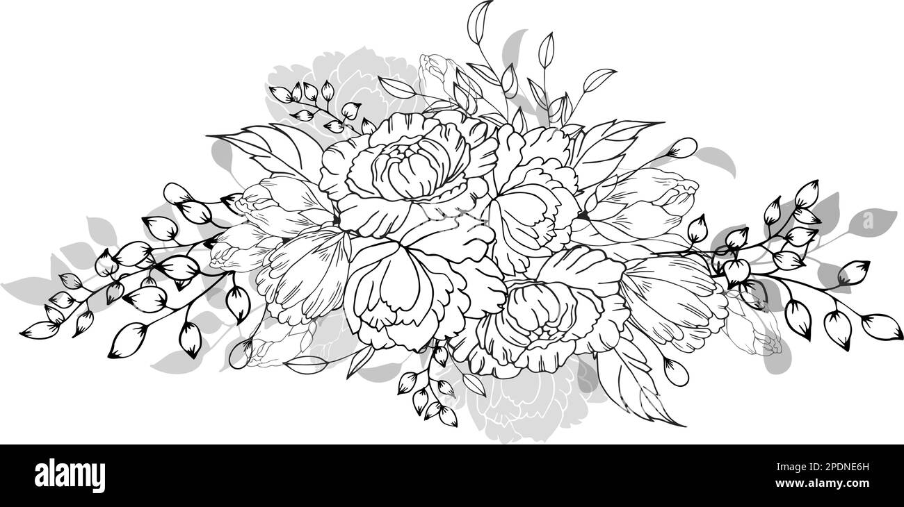 Une belle branche en fleurs, richement décorée avec des fleurs, des bourgeons et des feuilles. Dessin à la main. Illustration de Vecteur