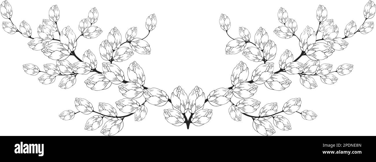 Une belle branche en fleurs, richement décorée avec des fleurs, des bourgeons et des feuilles. Dessin à la main. Illustration de Vecteur