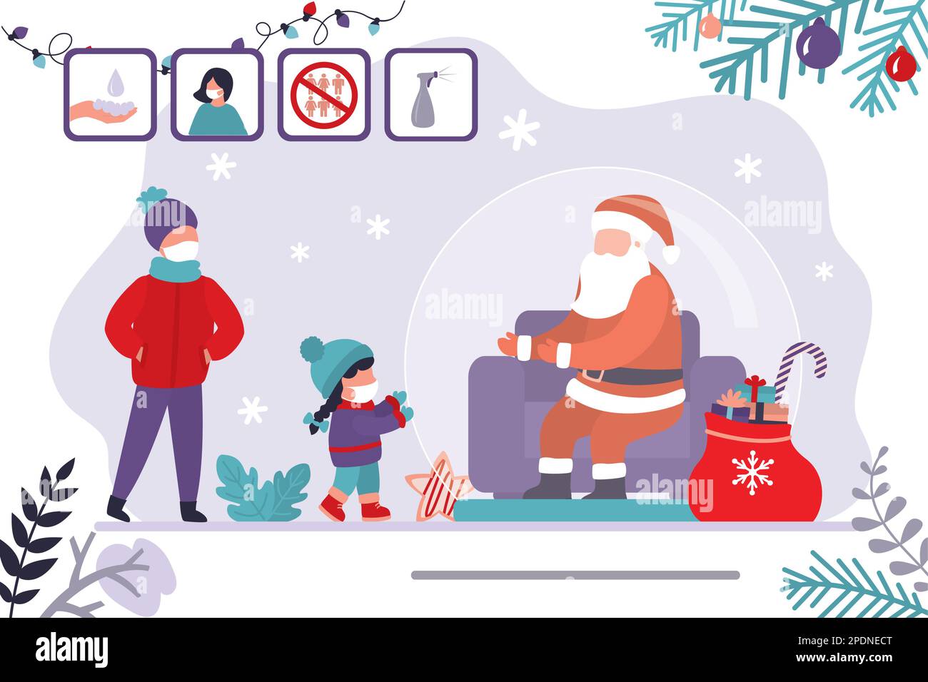 Le Père Noël dans une bulle protectrice, gardant la distance sociale. Enfants dans des masques protecteurs parlant avec le Père Noël. Icônes de prévention des coronavirus. Calamar d'hiver Illustration de Vecteur