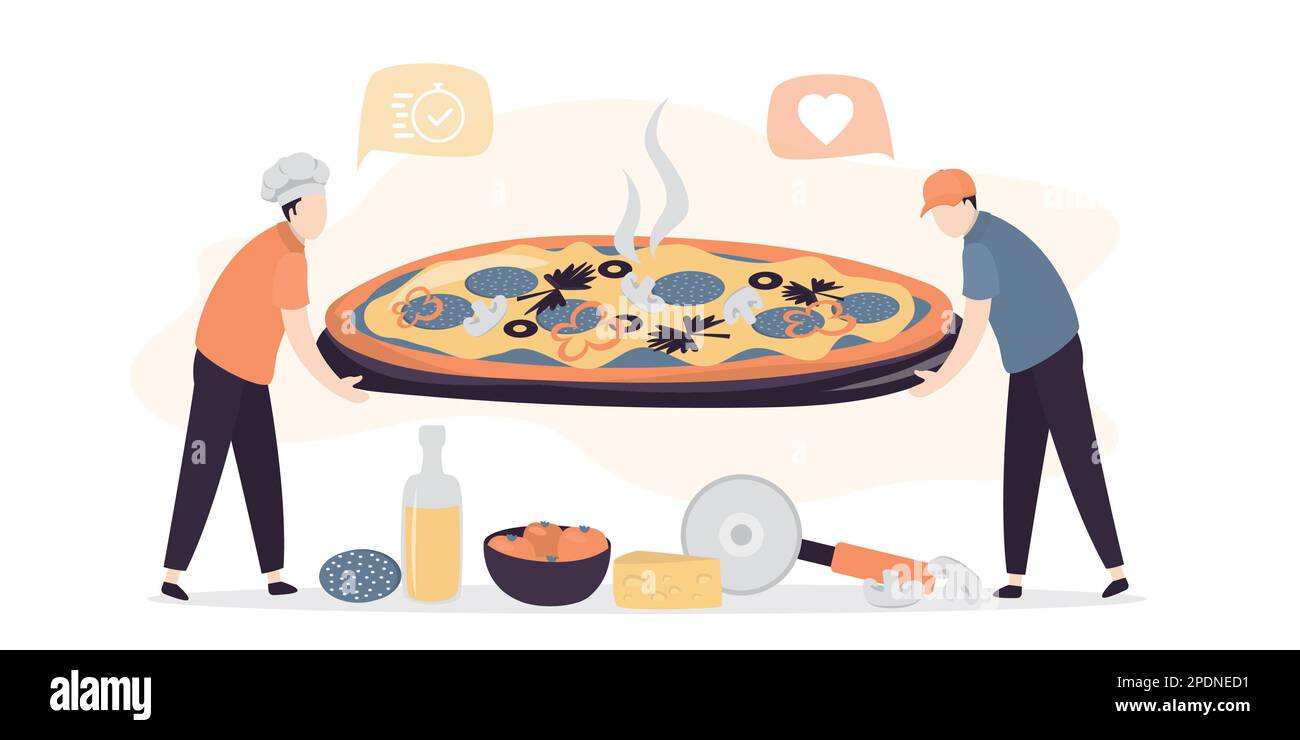 Drôle de petites personnes qui cuisent de grandes pizzas. Des chefs cuisiniers masculins préparent une cuisine italienne traditionnelle. Les gens travaillent dans la pizzeria. Travailleurs en uniforme. Ingrédients à préparer Illustration de Vecteur
