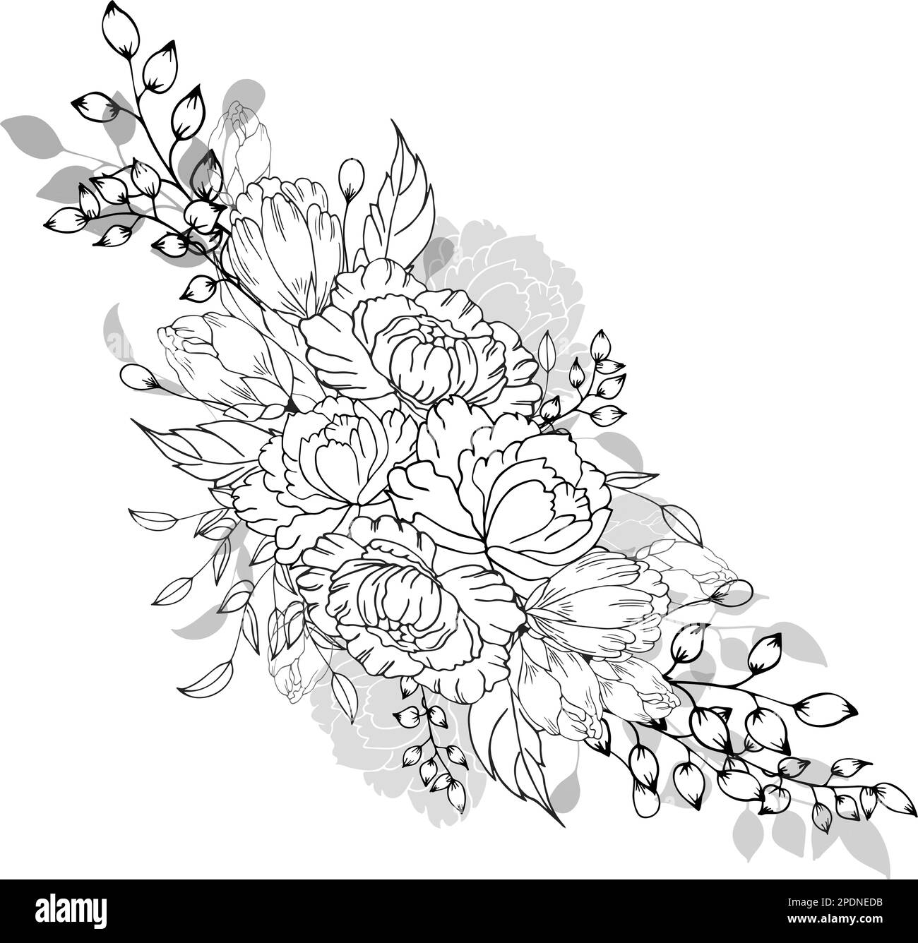 Une belle branche en fleurs, richement décorée avec des fleurs, des bourgeons et des feuilles. Dessin à la main. Illustration de Vecteur