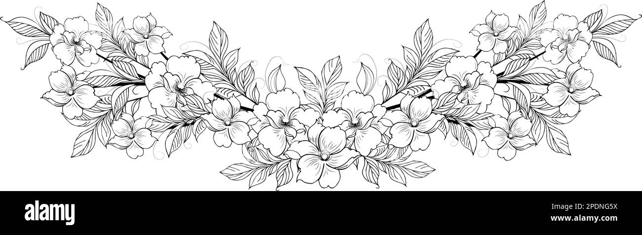 Une belle branche en fleurs, richement décorée avec des fleurs, des bourgeons et des feuilles. Dessin à la main. Illustration de Vecteur