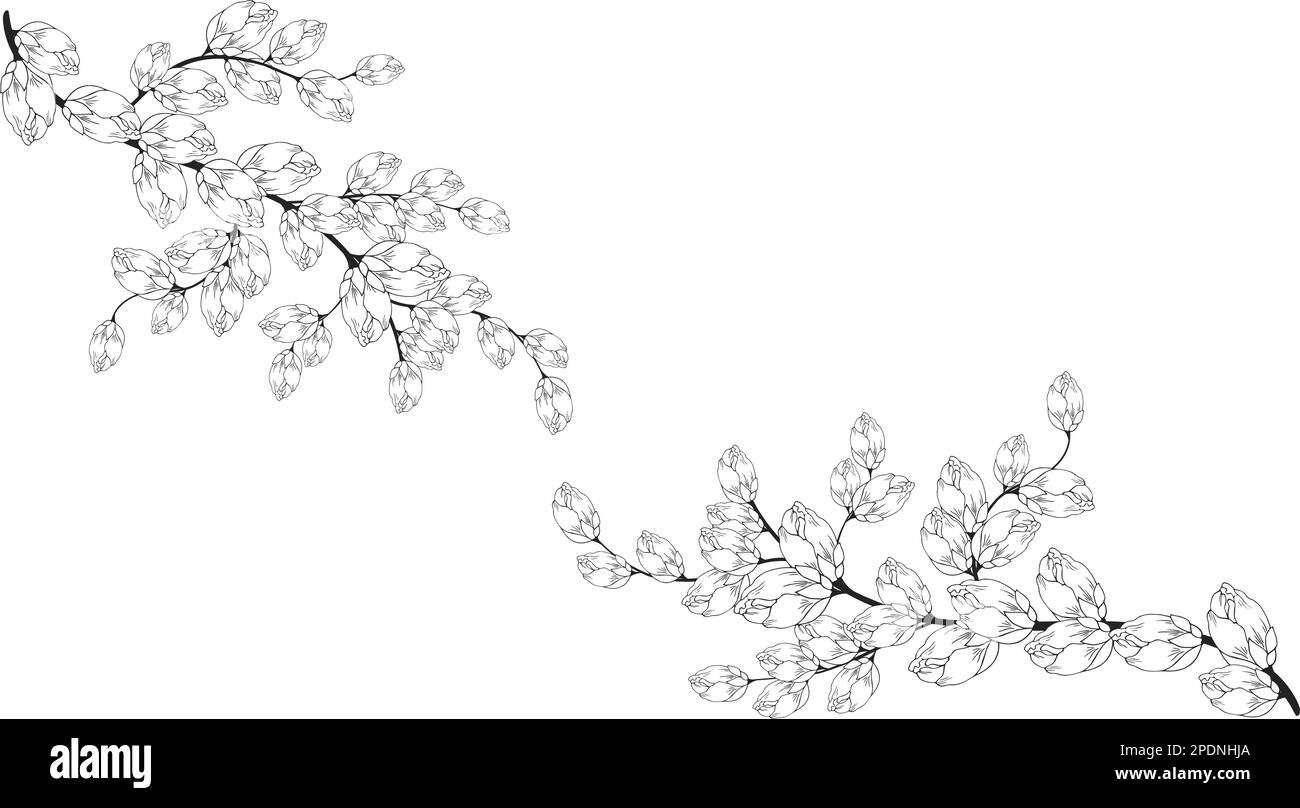 Une belle branche en fleurs, richement décorée avec des fleurs, des bourgeons et des feuilles. Dessin à la main. Illustration de Vecteur