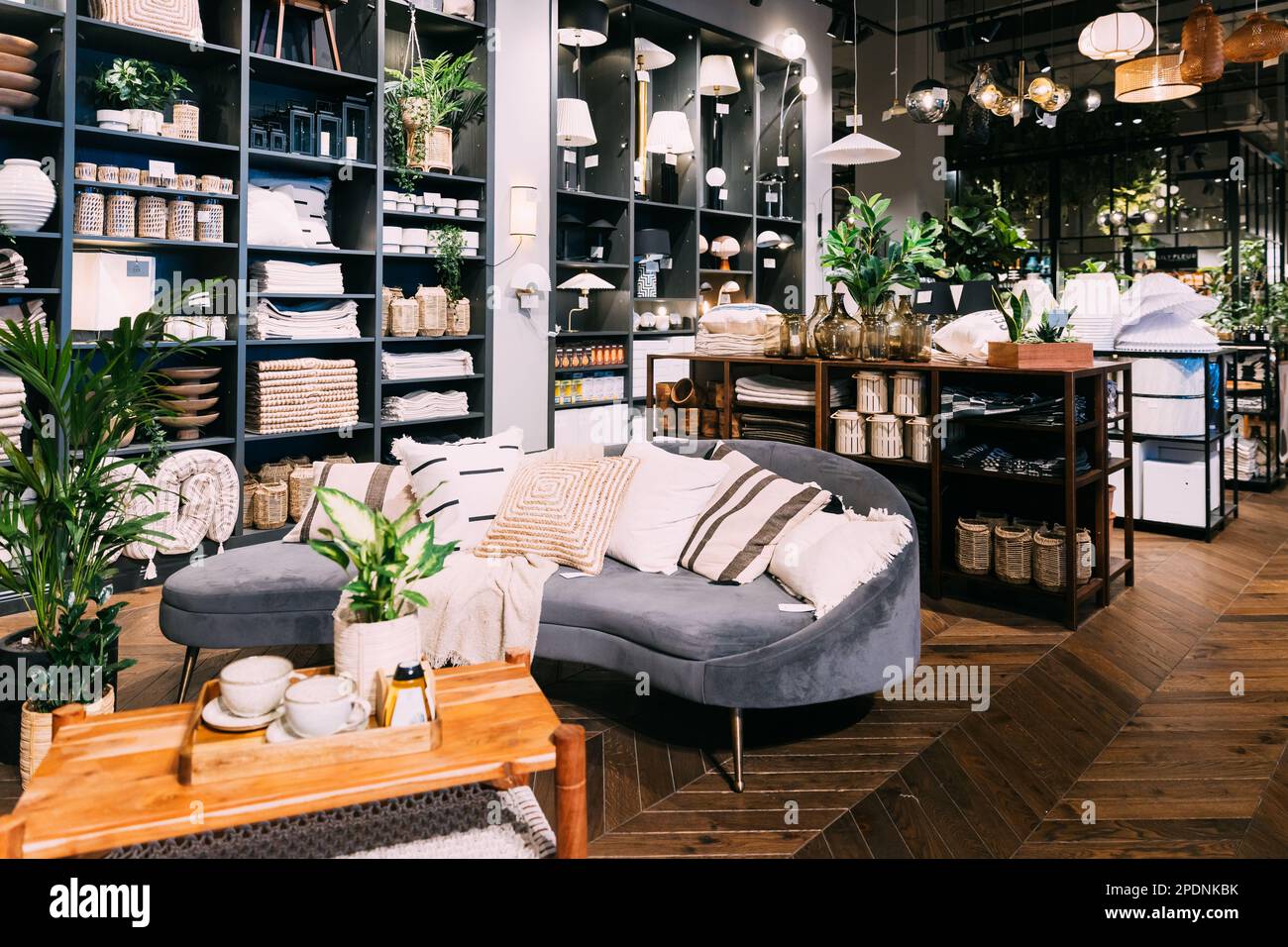 Accessoires pour la maison et produits ménagers dans le magasin du centre commercial. Vue des accessoires pour la maison pour le salon dans la boutique de mode. Canapé avec Banque D'Images