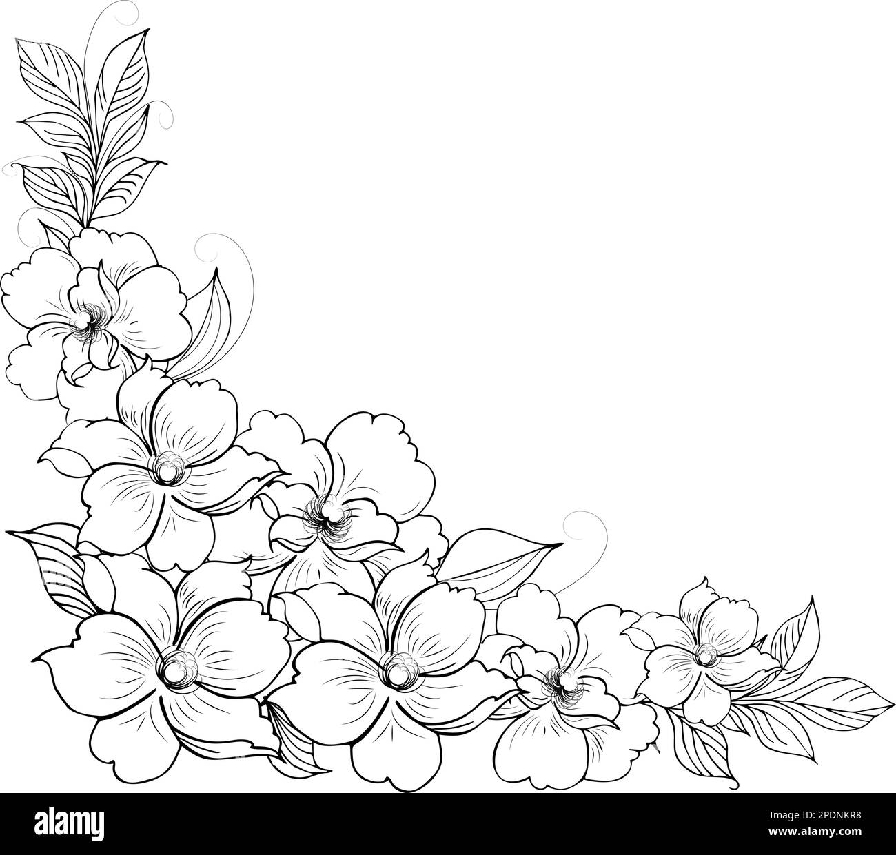 Une belle branche en fleurs, richement décorée avec des fleurs, des bourgeons et des feuilles. Dessin à la main. Illustration de Vecteur