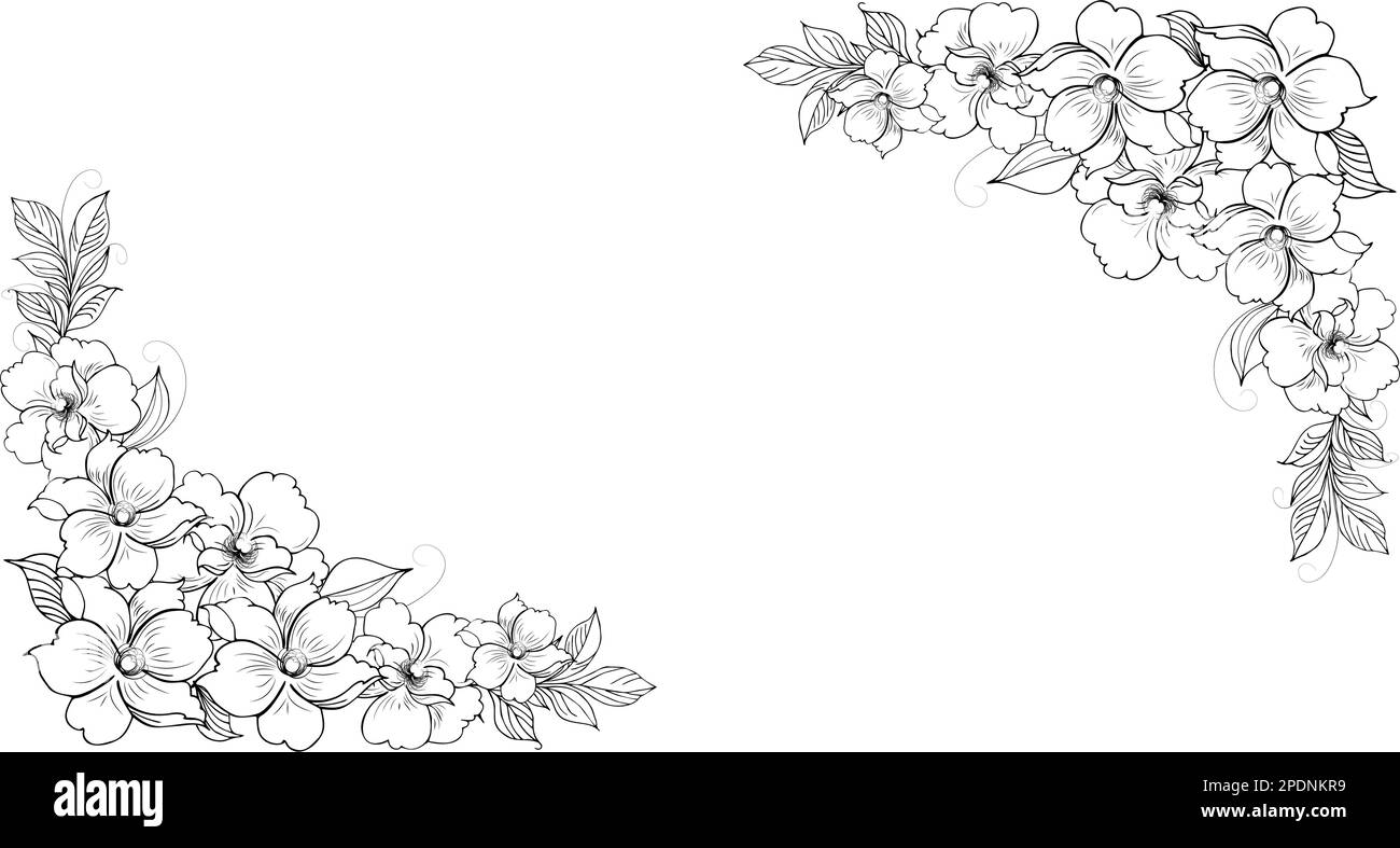 Une belle branche en fleurs, richement décorée avec des fleurs, des bourgeons et des feuilles. Dessin à la main. Illustration de Vecteur