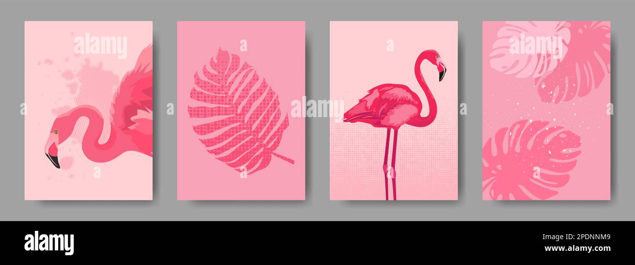 Collection de couvertures tendance avec flamants roses et feuilles tropicales. Illustration de Vecteur