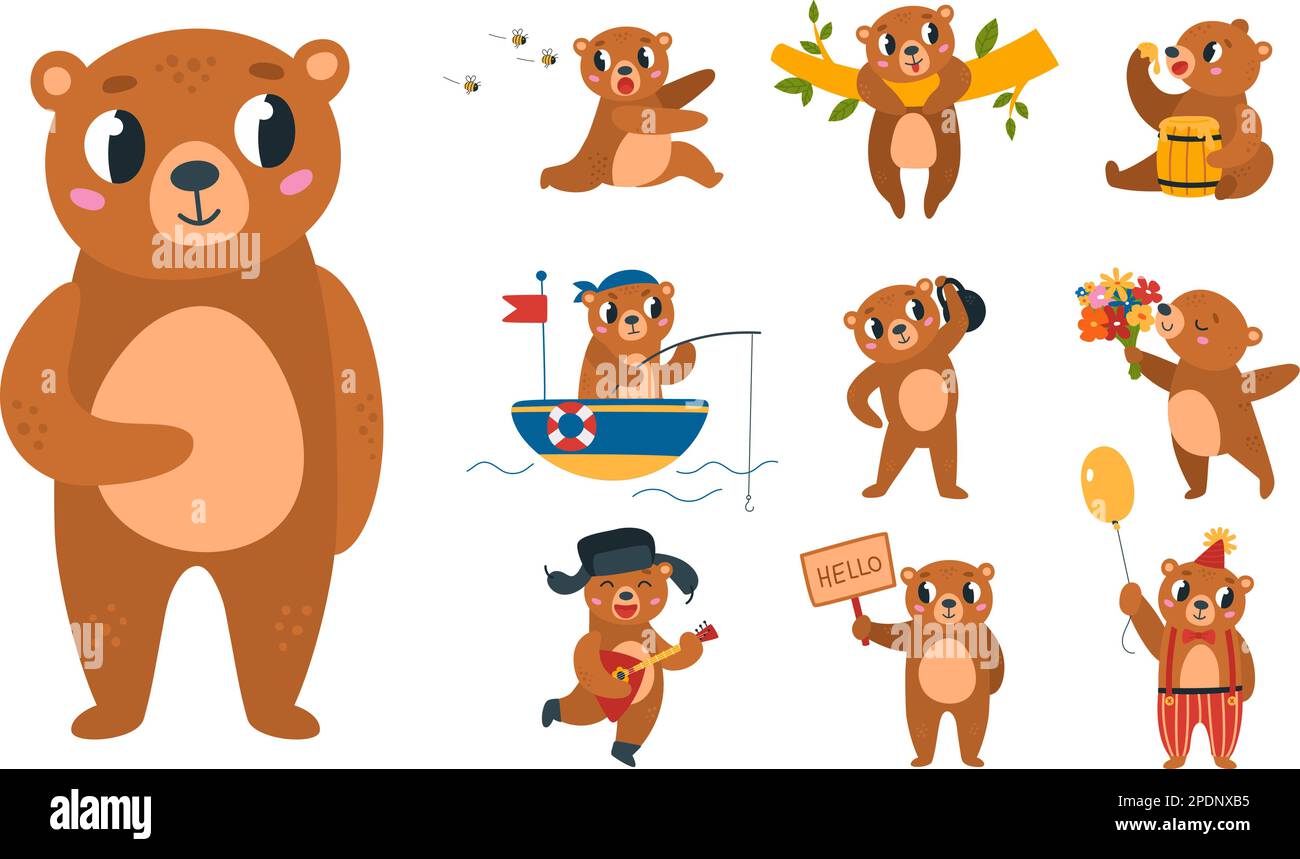 Bande dessinée porte diverses émotions. Porter différentes poses, mignon animaux de la forêt, manger le miel, courir. Créatures amusantes pour les enfants, vecteur de classe Illustration de Vecteur