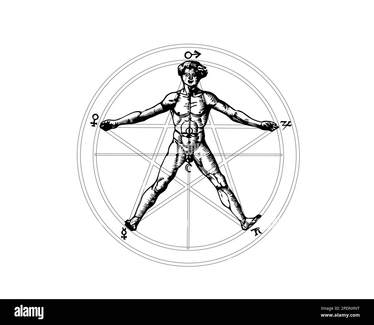 Pentagramme et corps humain, Agrippa, symboles du soleil et de la lune sont au centre, tandis que les cinq autres planètes classiques sont autour du bord Illustration de Vecteur