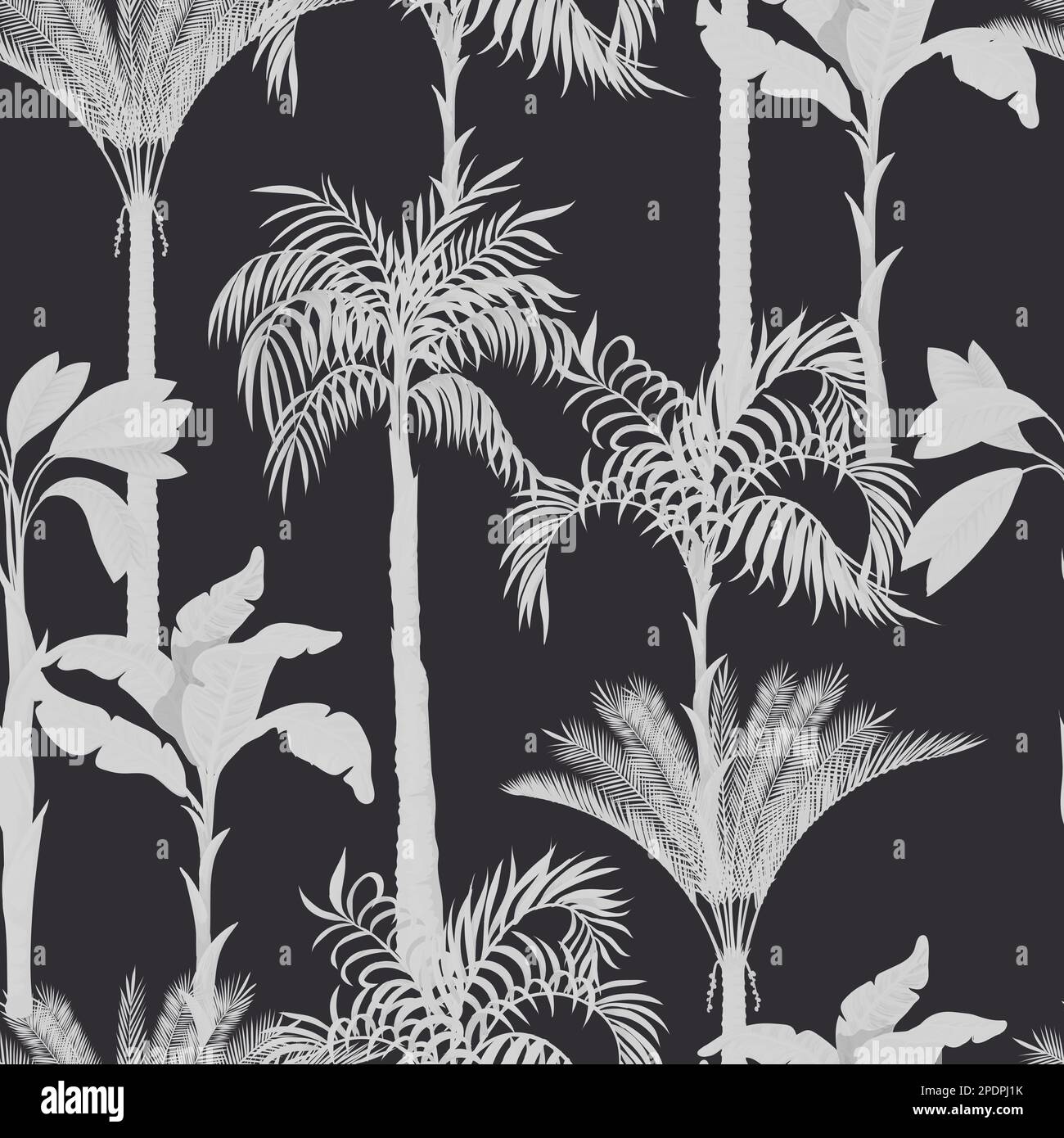 Motif sans couture avec palmiers à silhouette monochrome et arbres tropicaux. Vecteur. Illustration de Vecteur