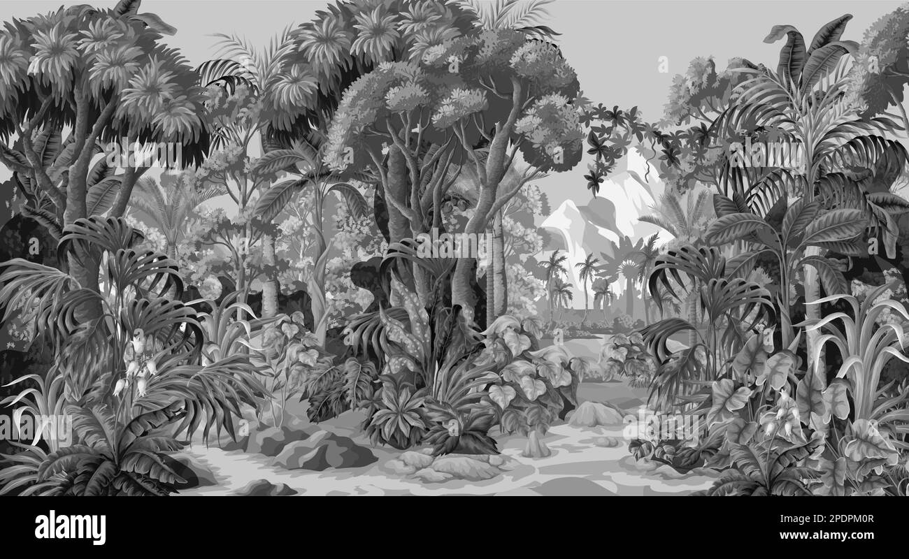 Paysage de jungle panoramique avec montagne, rivière et arbres, monochrome. Vecteur. Illustration de Vecteur