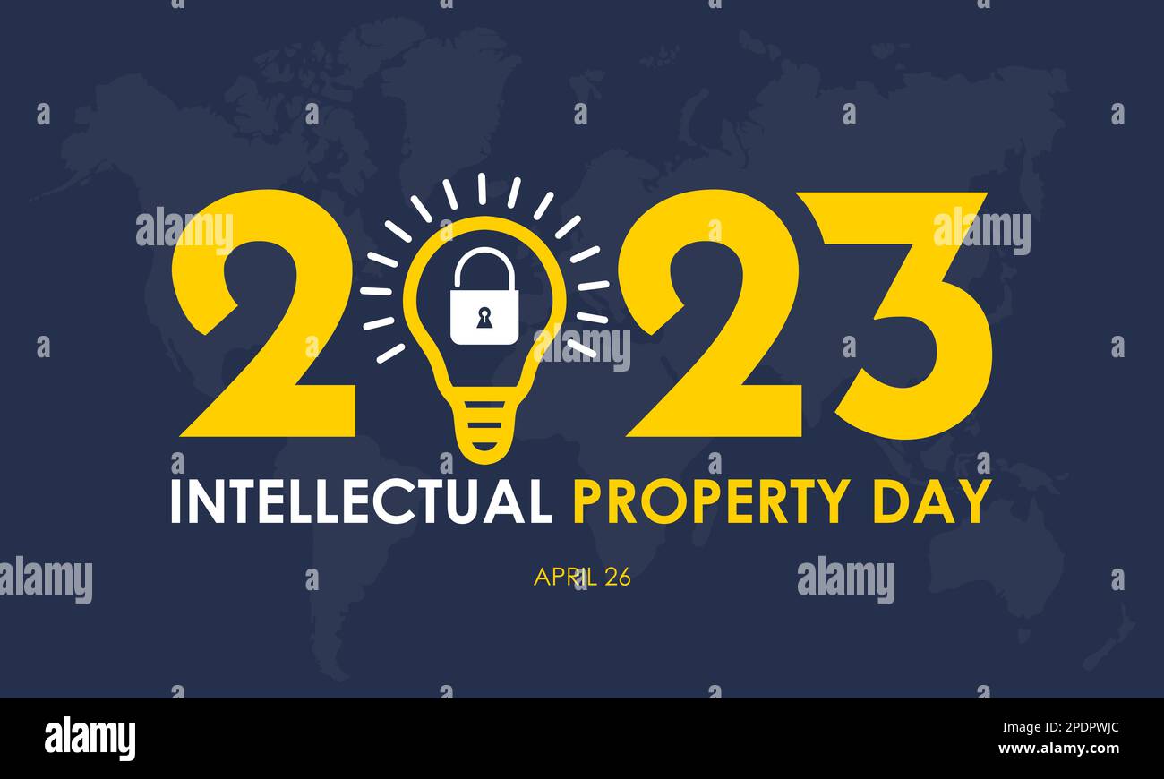 2023 concept Journée mondiale de la propriété intellectuelle. bannière de sensibilisation de droit de brevet ou modèle de conception jaune et blanc sur fond bleu foncé avec sec Illustration de Vecteur