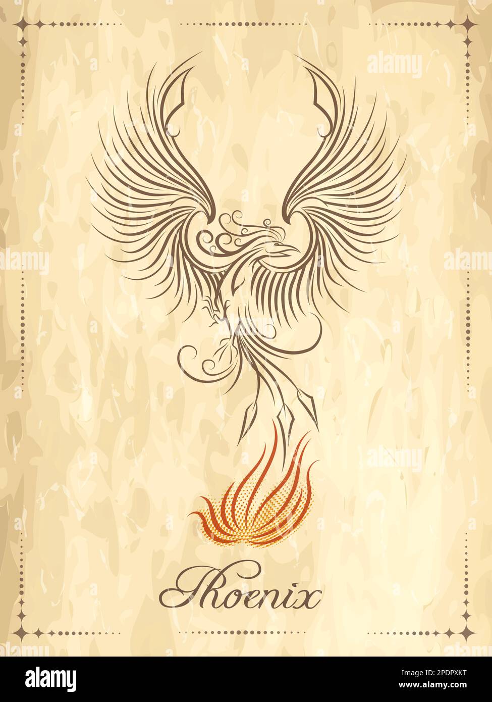 Phoenix Bird symbole antique de la renaissance Emblem sur l'ancien rouleau de papier. Illustration vectorielle. Illustration de Vecteur