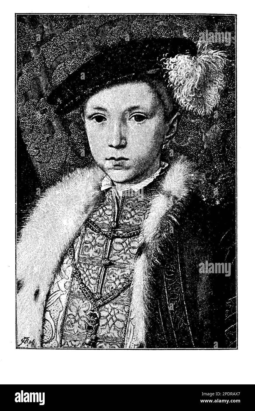 Edward VI (1537-1553) était le seul fils du roi Henri VIII et de sa troisième femme, Jane Seymour. Il devint roi à l'âge de neuf ans, après la mort de son père, et fut d'abord guidé par un conseil de régents jusqu'à son âge. Edward était un protestant dévoré et son règne a été marqué par une réforme religieuse importante, y compris l'introduction du Livre de prière commune et la dissolution des monastères restants. Cependant, son règne a également été marqué par la tourmente politique et le factionalisme parmi ses conseillers. La santé d'Edward était fragile et il mourut à l'âge de 15 ans Banque D'Images