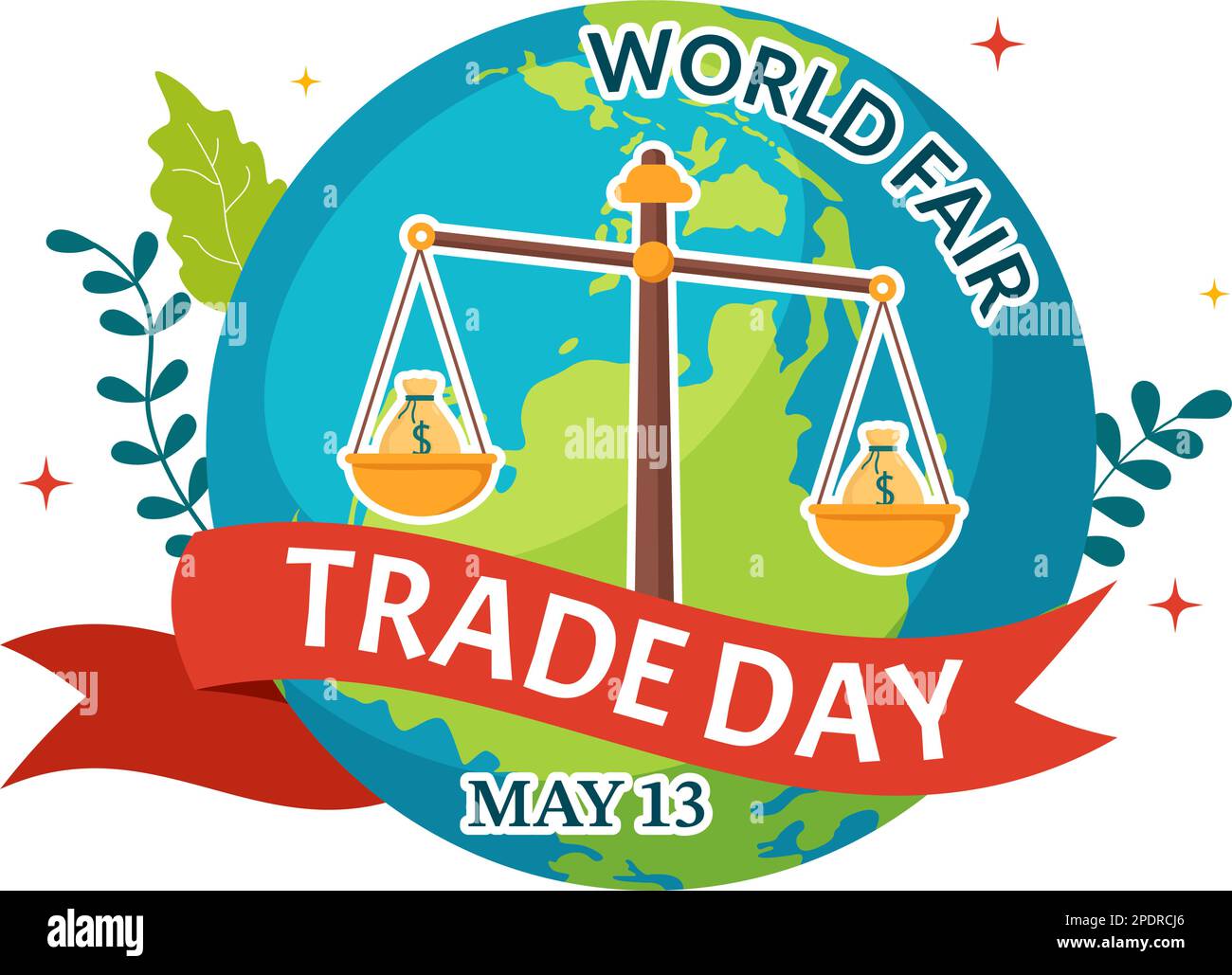 Illustration de la Journée mondiale du commerce équitable avec balances numériques, Climate Justice et Planet Economic en dessin animé à la main pour les modèles de page d'arrivée Illustration de Vecteur