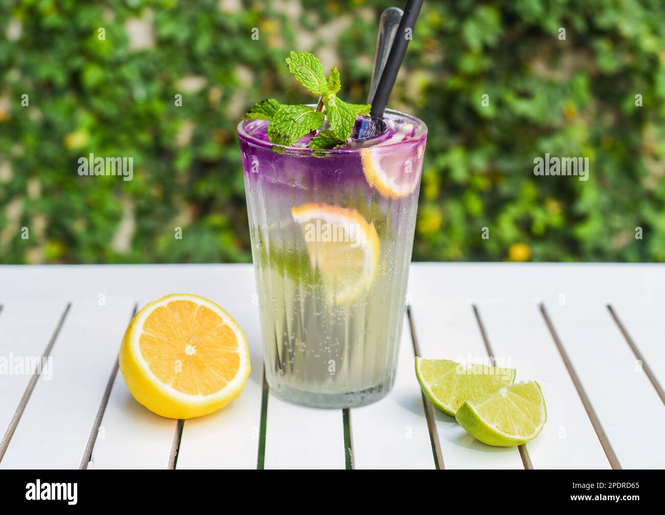 Limonade classique à la menthe sur une table en bois blanc contre des feuilles vertes avec espace de copie Banque D'Images