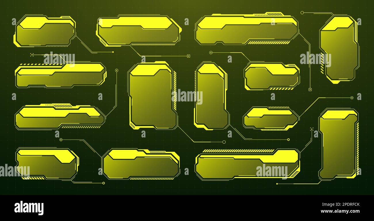 HUD futuriste jaune, éléments d'interface utilisateur. Zones de texte et légendes de l'interface utilisateur SCI-fi. Cadres de message d'avertissement, modèle de zones d'information. Jeu moderne Illustration de Vecteur