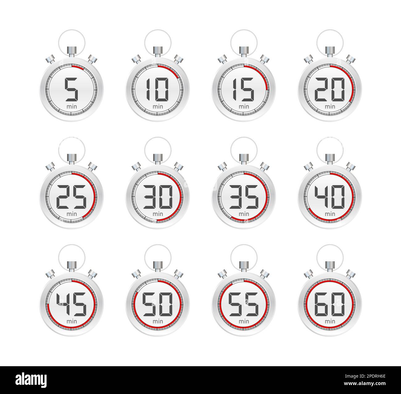 Les icônes de minuterie et de chronomètre définissent 10 20 30 40 50 60 minutes. Temps de cuisson. Illustration de Vecteur