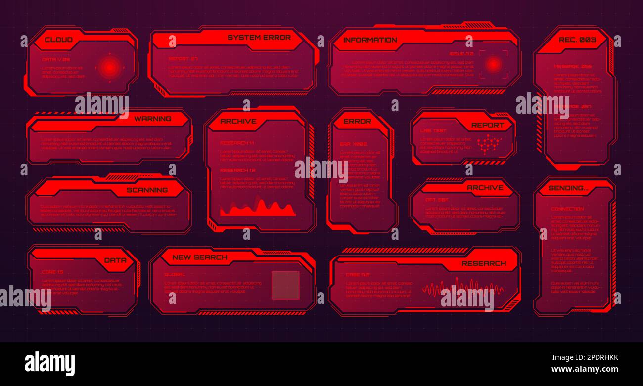 Éléments HUD ou UI futuristes rouges. Zones de texte et légendes de l'interface utilisateur SCI-fi. Cadres de message d'avertissement, modèle de zones d'information. Jeu moderne Illustration de Vecteur