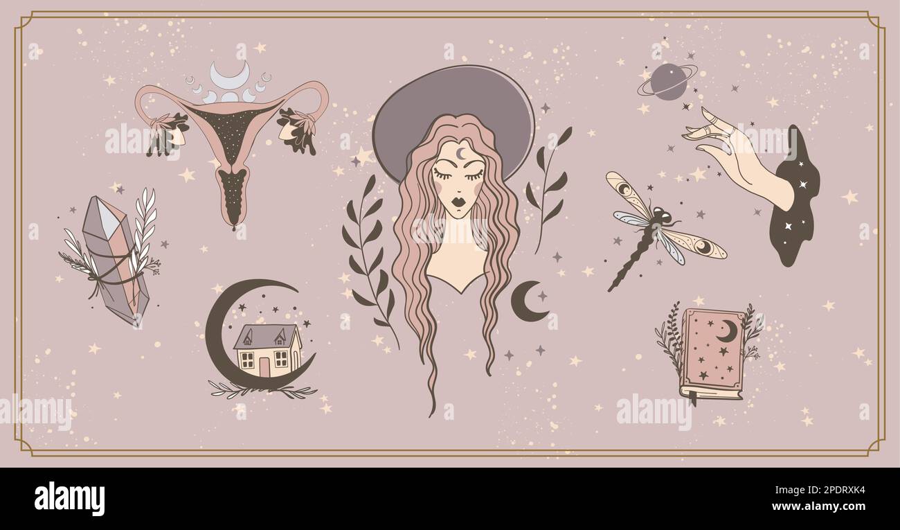 Bannière boho moderne avec éléments magiques vintage, sorcière dans le chapeau, womb, livre de charme, cristal magique. Ensemble d'autocollants pour Halloween. Vecteur Illustration de Vecteur
