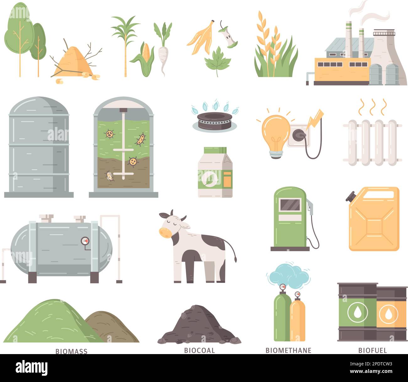 Production de biocarburants ensemble plat de déchets organiques et de sous-produits usine de traitement de la biomasse et types de biocarburant icônes isolées illustration vectorielle Illustration de Vecteur