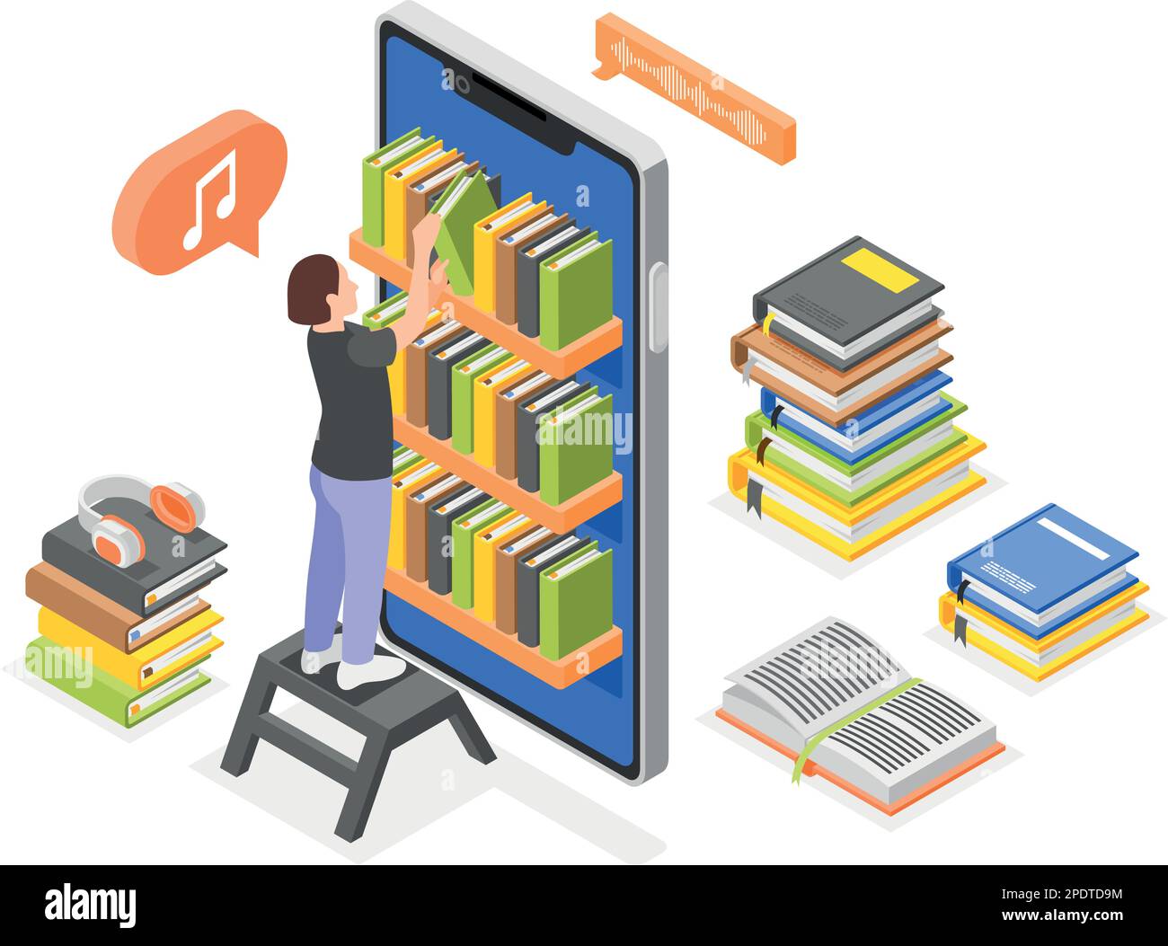 Livres audio composition isométrique avec caractère de femme bibliothécaire avec étagères de livres à l'intérieur de l'écran de smartphone illustration vectorielle Illustration de Vecteur