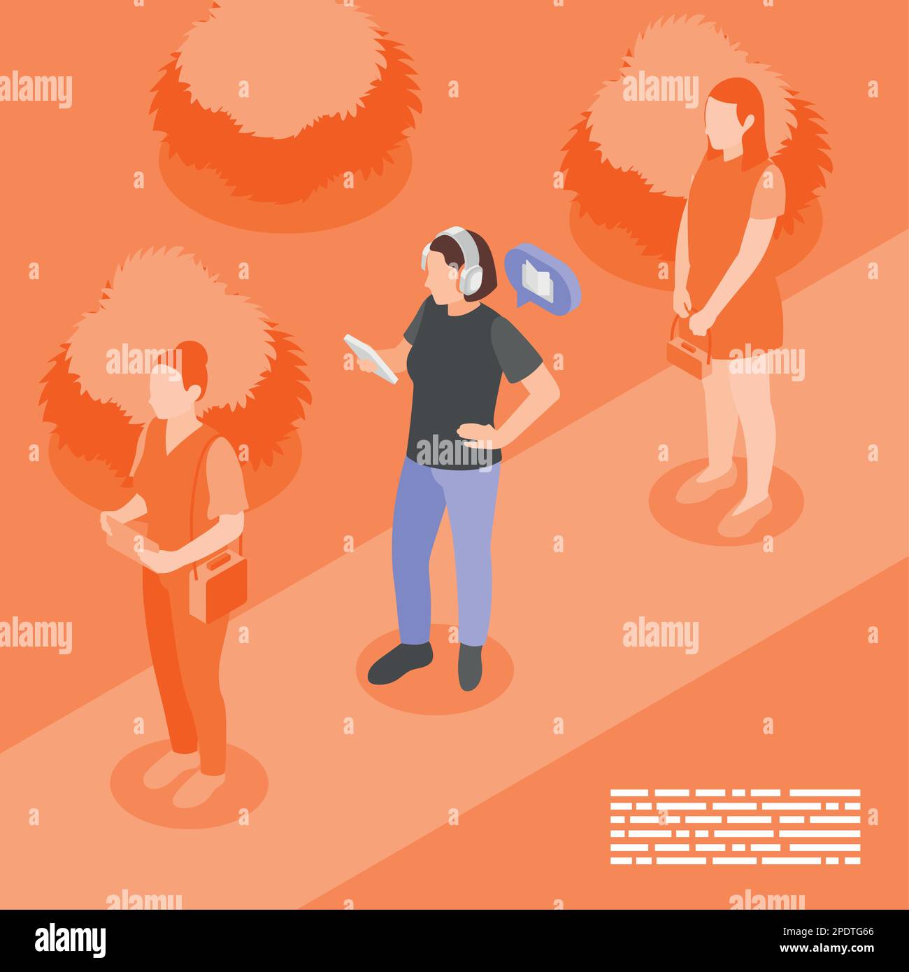 Livres audio composition isométrique d'arrière-plan avec vue orange de fille dans la rue avec smartphone port casque illustration vectorielle Illustration de Vecteur