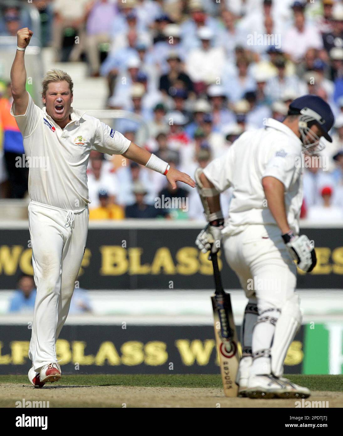 Australia's Shane Warne reacts as he takes the wicket of England's Ashley Giles, right, on the second day of the 5th test match between England and Australia at the Oval in London, Friday Sept. 9, 2005. Warne took six wickets as England made 373 all out in their 1st innings. (AP Photo/Matt Dunham) Banque D'Images