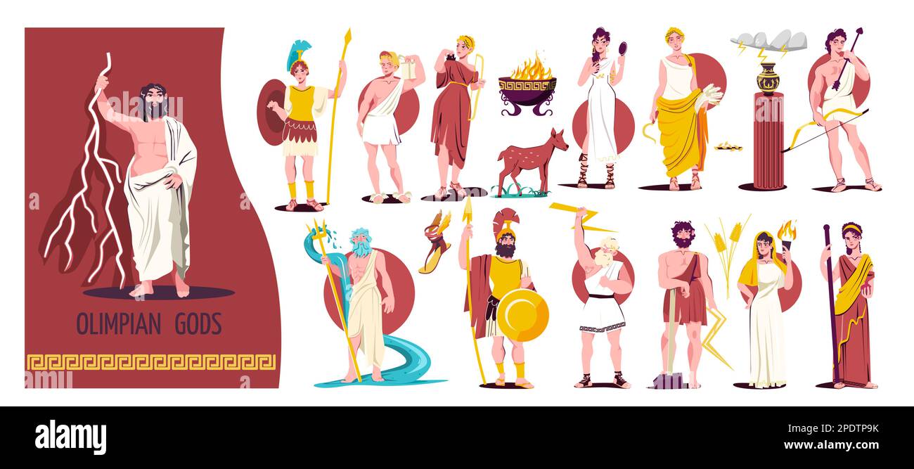 Les dieux Olympiens isolé plat icône ensemble différentes figures de dieux et de guerriers grecs illustration vectorielle Illustration de Vecteur