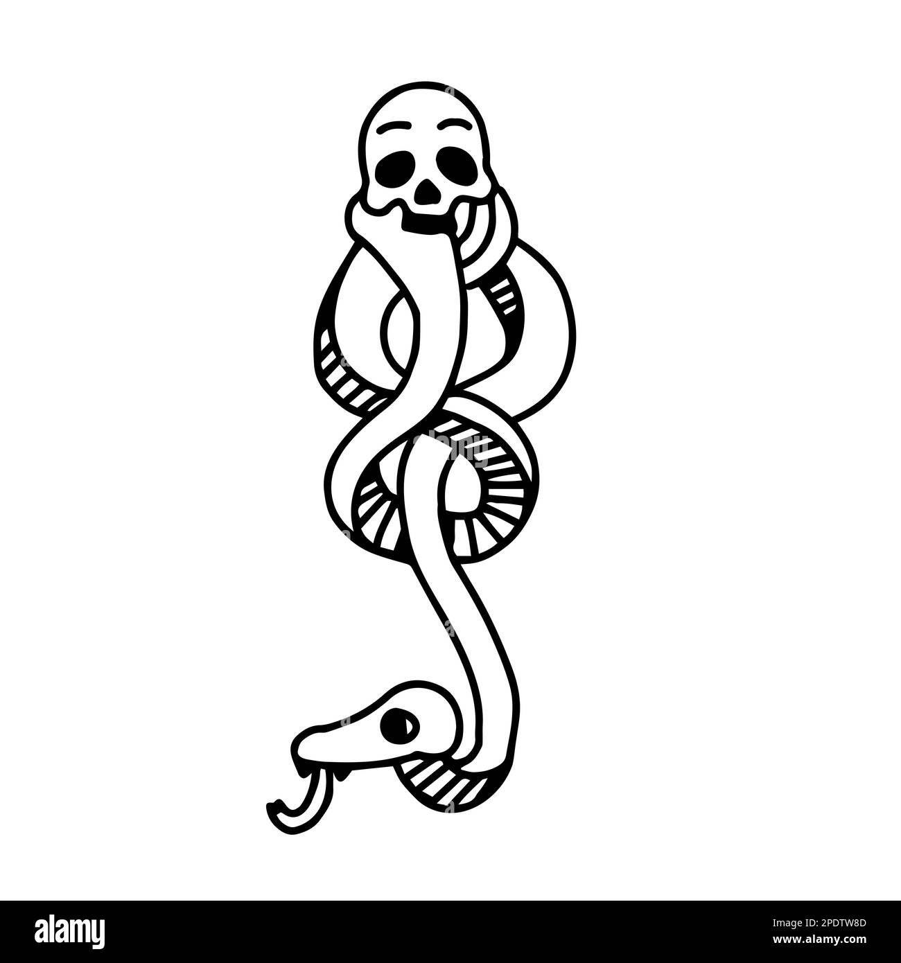 Dark Mark Skull avec un serpent dans le dessin animé contour de style Doodle. Illustration vectorielle isolée sur fond blanc. Illustration de Vecteur